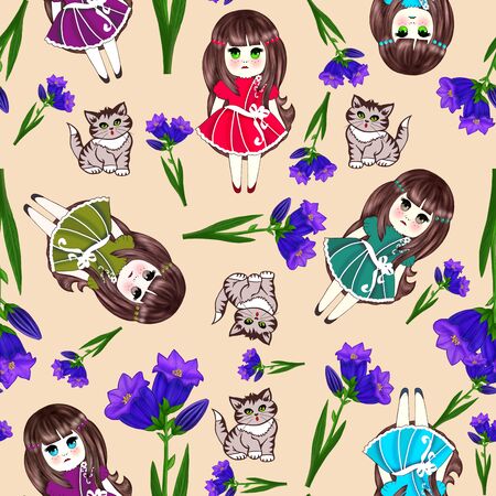 Seamless funny pattern with hawaii dolls, cats and bell flowers.の写真素材
