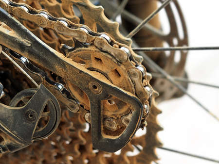 Sand covered bike chain and transmission. Desert ride in Israel.の写真素材