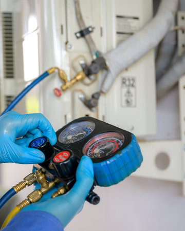 A male air conditioner technician, repair service, install air conditioner in the house Are going to...