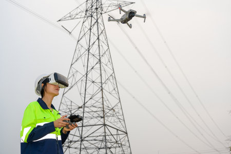 A picture of a female electrical engineers wearing VR headset (VR glasses) work at the electricity...