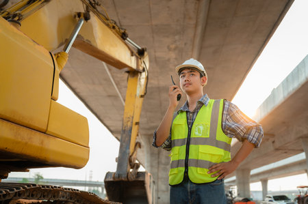 Asian male highway engineering working planning construction project Engineer supervising the construction of a concrete bridge at a construction siteの写真素材