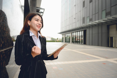 Portrait of Asian businesswoman in successful suit smiling happy looking at work on laptop close to her office building Smiling woman holding tablet walking on outdoor streetの写真素材