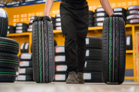 A tire changer checks new tires in stock to take them to a service center or wheel shop. Tire warehouse for the automobile industryの写真素材