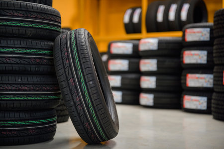 focus tires In the stock room, there is plenty of new tires to be replaced at any workshop or auto repair shop. Tire warehouse for the automobile industryの写真素材