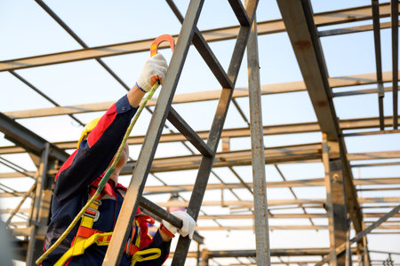 Asian male construction worker working at height on steel frame Wear safety gear and safety harness to work at high heights at the construction site.の写真素材