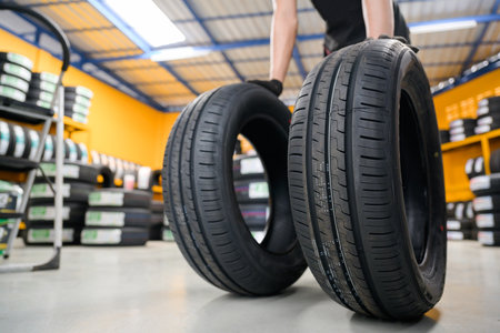new tires Car mechanic brings new tires in stock 2 lines to the tire shop to change the wheel of the car at the service center or garage for the automotive industry.の写真素材