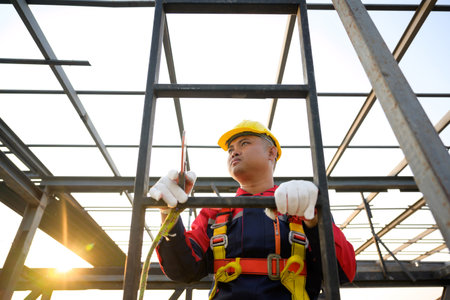 Male construction worker working at height Wear safety gear and safety harness to work at high heights at the construction site.の写真素材