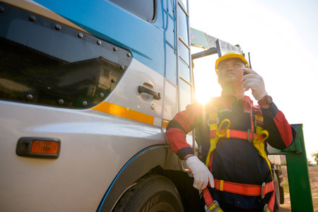 Asian male construction engineer work at construction site talk on the radio to order and inspect construction work at the construction siteの写真素材