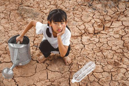 A poor girl waits to drink water to live through a drought on cracked ground. Drought and water scarcity crisis environmentの写真素材