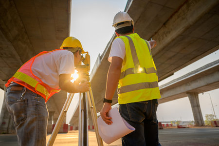 A team of survey engineers uses a theodolite in the construction of a motorway bridge. Teamwork engineers using theodolite to mark concrete bridge piles at construction siteの写真素材