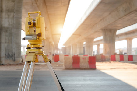 theodolite on construction site Surveyor Engineer uses theodolite to mark coordinated concrete pilesの写真素材