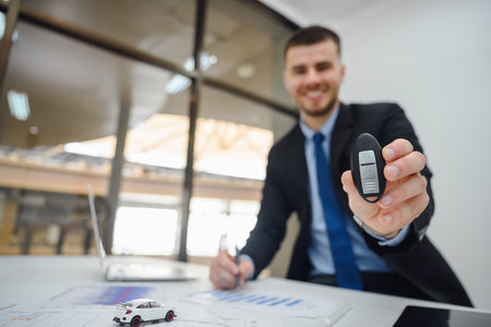 A focus on car keys Manager holds car keys, insurance or car dealership and covers damages and driving risks. holding car keys Concept of protection and after-sales careの写真素材