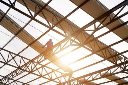 Two construction workers installing a new roof wear safety vests and safety harnesses to work on the...