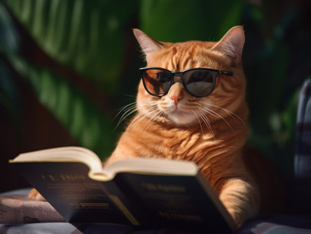 Cute and smart cat with eyeglasses sits and reads a morning book on a green nature background. Generative Aiの素材