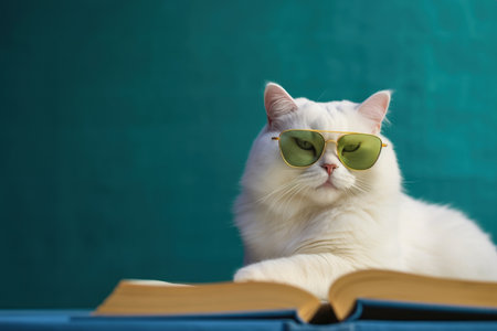 Cute and smart white cat wearing eyeglasses sits reading a book on a colorful background. Generative Aiの素材