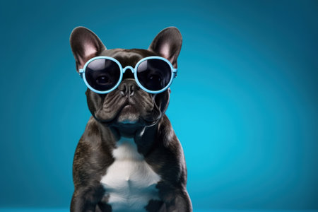 Cute and happy french bulldog dog wearing cool sunglasses in summer on a colorful background. Generative Aiの素材