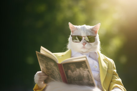 Cool white furry cat wearing glasses sits and reads a book similar to a person on a green nature background. Generative Aiの素材