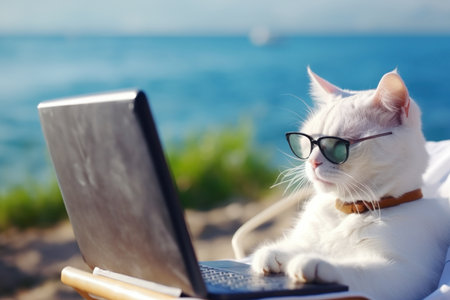 A white cat wearing cool sunglasses On vacation, watching laptop, doing morning work on the beach by the sea. Generative Aiの素材