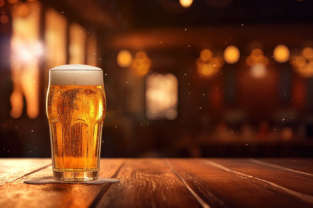 glass of beer on a table in a bar on blurred bokeh background. Generative AIの素材