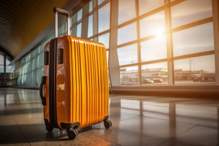 suitcases in the airport departure lounge, airplane in the blurred background, summer vacation concept, traveler suitcases in airport terminal waiting area. Generative AIの素材
