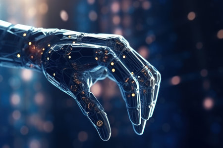 AI robot hand Digital hand hologram on black background with copy space. internet network connection. Generative AIの素材