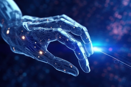 AI robot hand Digital hand hologram on black background with copy space. internet network connection. Generative AIの素材
