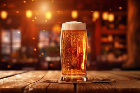 glass of beer on a table in a bar on blurred bokeh background. Generative AIの素材