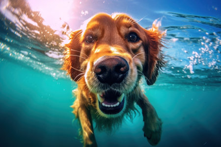 Golden Retriever dog playing in the water swim in the sea. Generative AIの素材