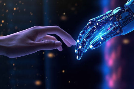 AI robot hand about to touch human finger Digital hand hologram on black background with copy space. internet network connection. Generative AIの素材