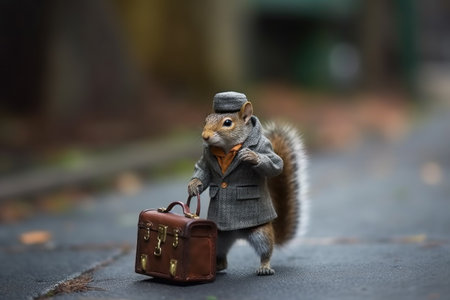 Squirrel traveling with a suitcase set out in the city. Generative AIの素材
