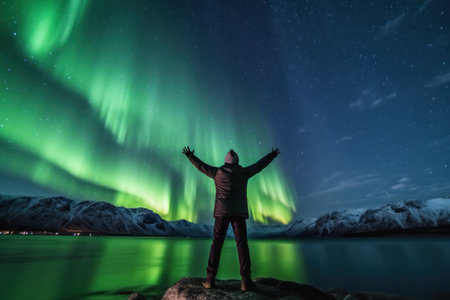northern lights beautiful green Mountains and frozen ocean, winter landscape at night. Travel to Norway. Generative AIの素材