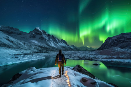 Backpackers See the Northern Lights Lofoten Islands Norway Northern Lights Mountains and Frozen Ocean Winter landscape at night. Travel to Norway. Generative AI.の素材