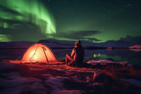A man camps in the northern forests with a tent to view the beautiful green northern lights, mountains and a frozen ocean. winter at night. Generative AI.の素材