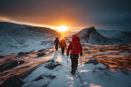Hikers and nature explorers Walking in the mountains with a cold atmosphere Beautiful winter nature landscape with morning sun rays. Generative AIの素材