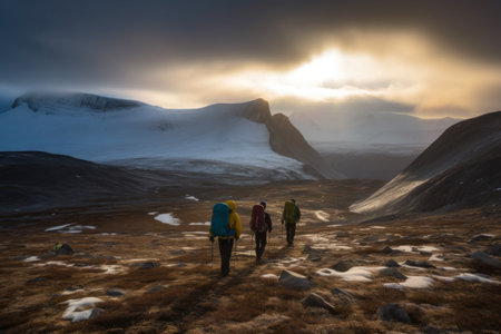 Hikers and nature explorers Walking in the mountains with a cold atmosphere Beautiful winter nature landscape with morning sun rays. Generative AIの素材