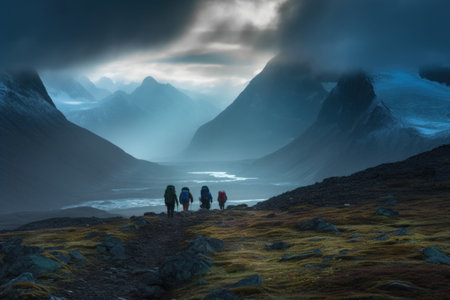 Hikers and nature explorers Walking in the mountains with a cold atmosphere Beautiful winter nature landscape with morning sun rays. Generative AIの素材
