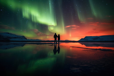 northern lights with backpackers cold atmosphere to see the northern lights ice ocean Beautiful winter nature landscape. Norway. Generative AIの素材