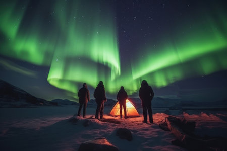 Backpackers See the Northern Lights Lofoten Islands Norway Northern Lights Mountains and Frozen Ocean Winter landscape at night. Travel to Norway. Generative AI.の素材