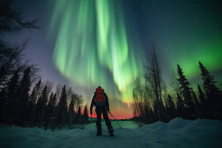 northern lights with backpackers cold atmosphere to see the northern lights ice ocean Beautiful winter nature landscape. Norway. Generative AIの素材