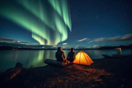 camping with tent to see the gorgeous green northern lights Ice mountains and oceans winter at night.Generative AI.の素材