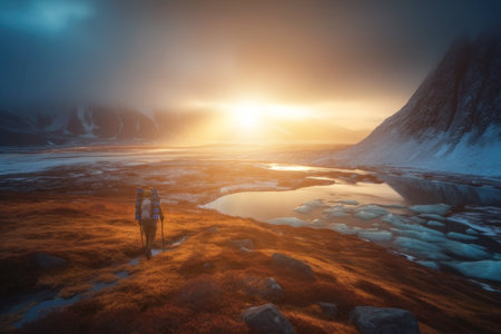 Hikers and nature explorers Walking in the mountains with a cold atmosphere Beautiful winter nature landscape with morning sun rays. Generative AIの素材