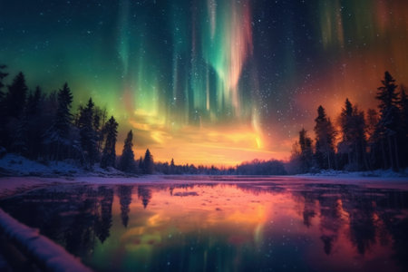 northern lights beautiful green Mountains and frozen ocean, winter landscape at night. Travel to Norway. Generative AIの素材