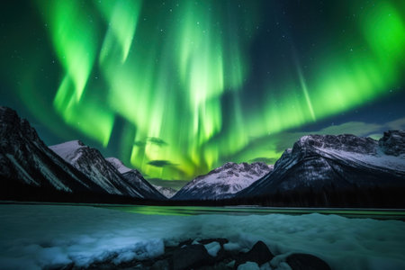 northern lights beautiful green Mountains and frozen ocean, winter landscape at night. Travel to Norway. Generative AIの素材