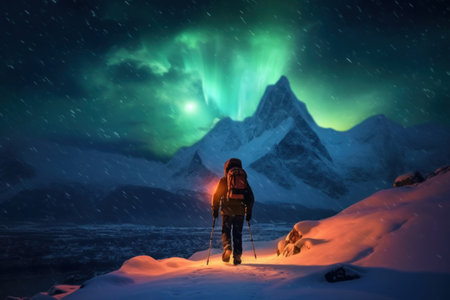 Backpackers See the Northern Lights Lofoten Islands Norway Northern Lights Mountains and Frozen Ocean Winter landscape at night. Travel to Norway. Generative AI.の素材