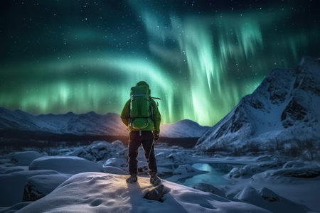 Backpackers See the Northern Lights Lofoten Islands Norway Northern Lights Mountains and Frozen Ocean Winter landscape at night. Travel to Norway. Generative AI.の素材