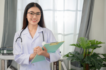 Asian female doctor with stethoscope holding clipboard standing looking at camera and smiling happily in her office at clinicの写真素材