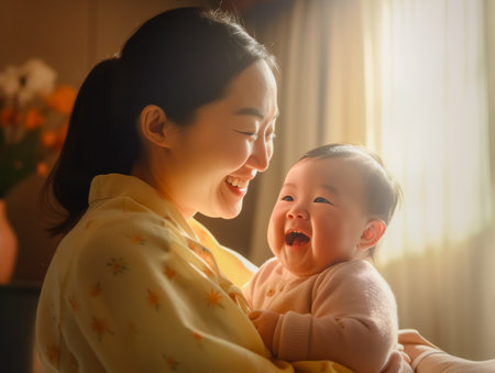 happy family Mother and child hugging each other Young mother shows love and affection Smiling mother and funny little preschool daughter have fun and share a tender moment together at home.の素材
