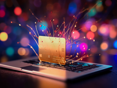 E-commerce and digital payments: credit card on futuristic neon background Equipped with a digital internet network with connectivity to internet networks around the world. financial conceptの素材