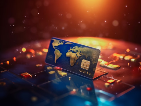 E-commerce and digital payments: credit card on futuristic neon background Equipped with a digital internet network with connectivity to internet networks around the world. financial conceptの素材