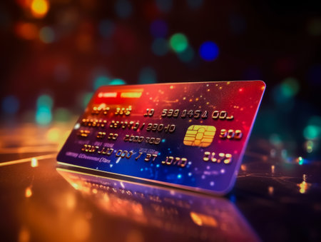 E-commerce and digital payments: credit card on futuristic neon background Equipped with a digital internet network with connectivity to internet networks around the world. financial conceptの素材